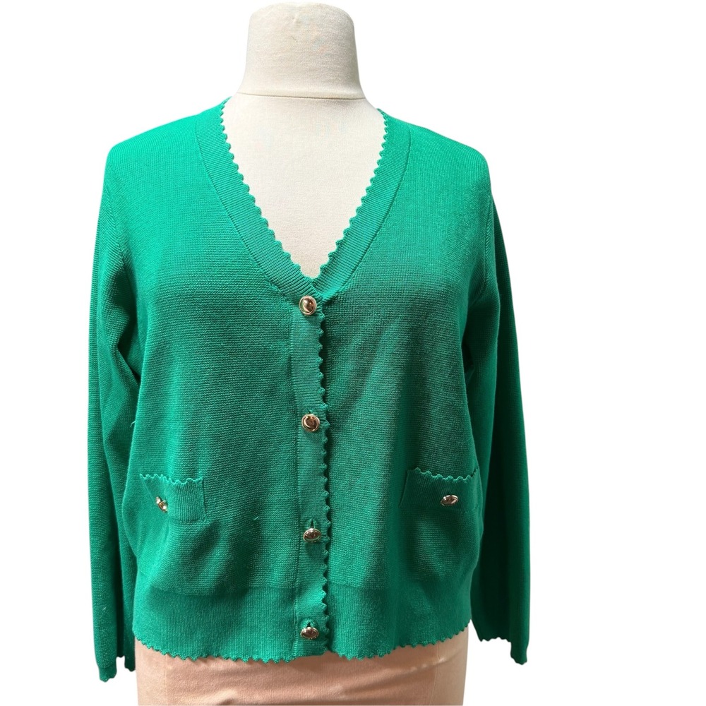 Adrianna Papell Green Scalloped V-Neck Cardigan Gold Button Sweater XL  #1080